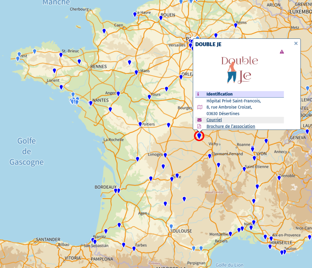 Carte nationale des associations de soutien pour les personnes en situation d’obésité avec localisation de l’association Double Je à Montluçon.
